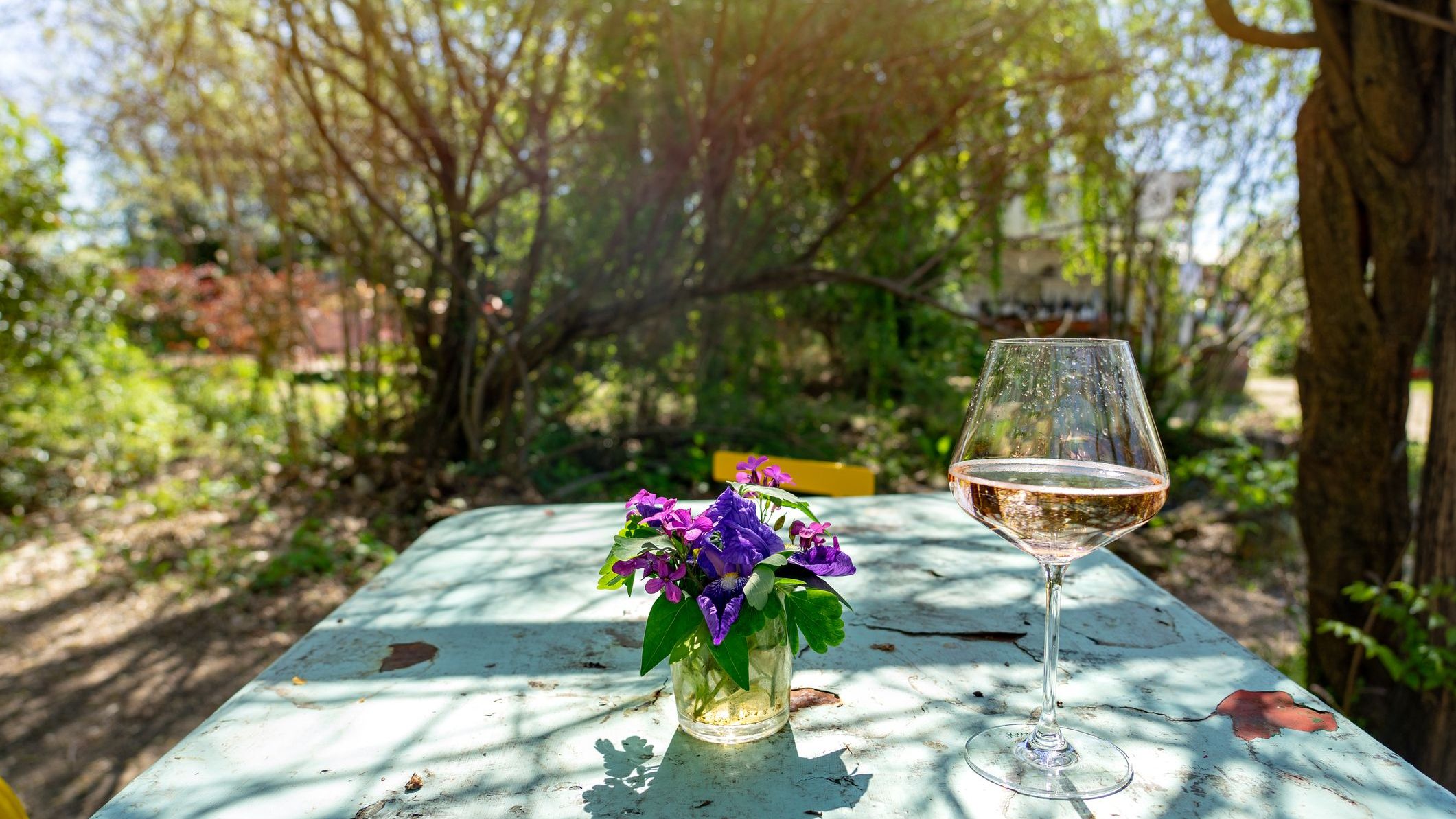 A vintage outdoor table in a garden with a glass of a rose wine Spritzer and flowers.