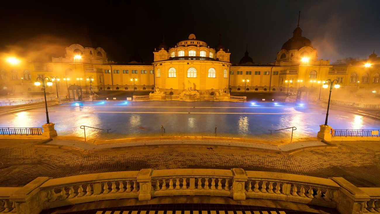 Szechenyi Baths on a winter night.