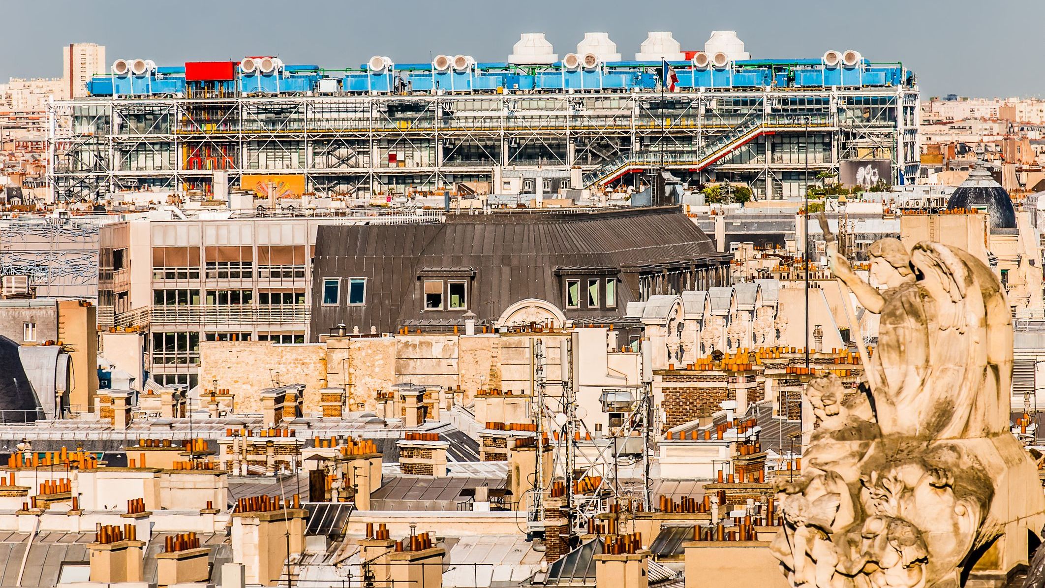 Aerial view of the Beaubourg area with the Pompidou Center dominating the skyline. 