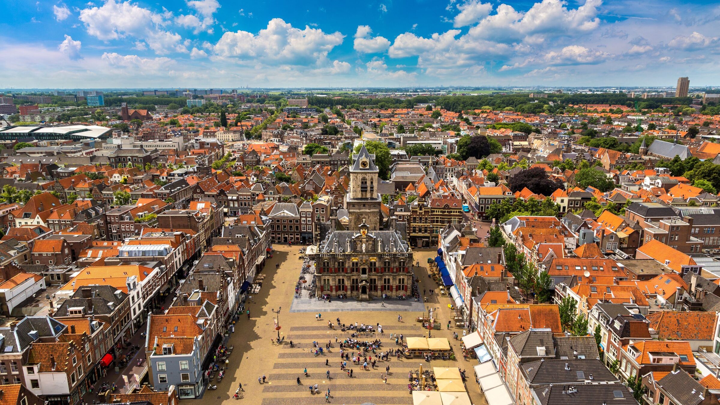 Panoramic aerial view of Delft on a beautiful summer day.