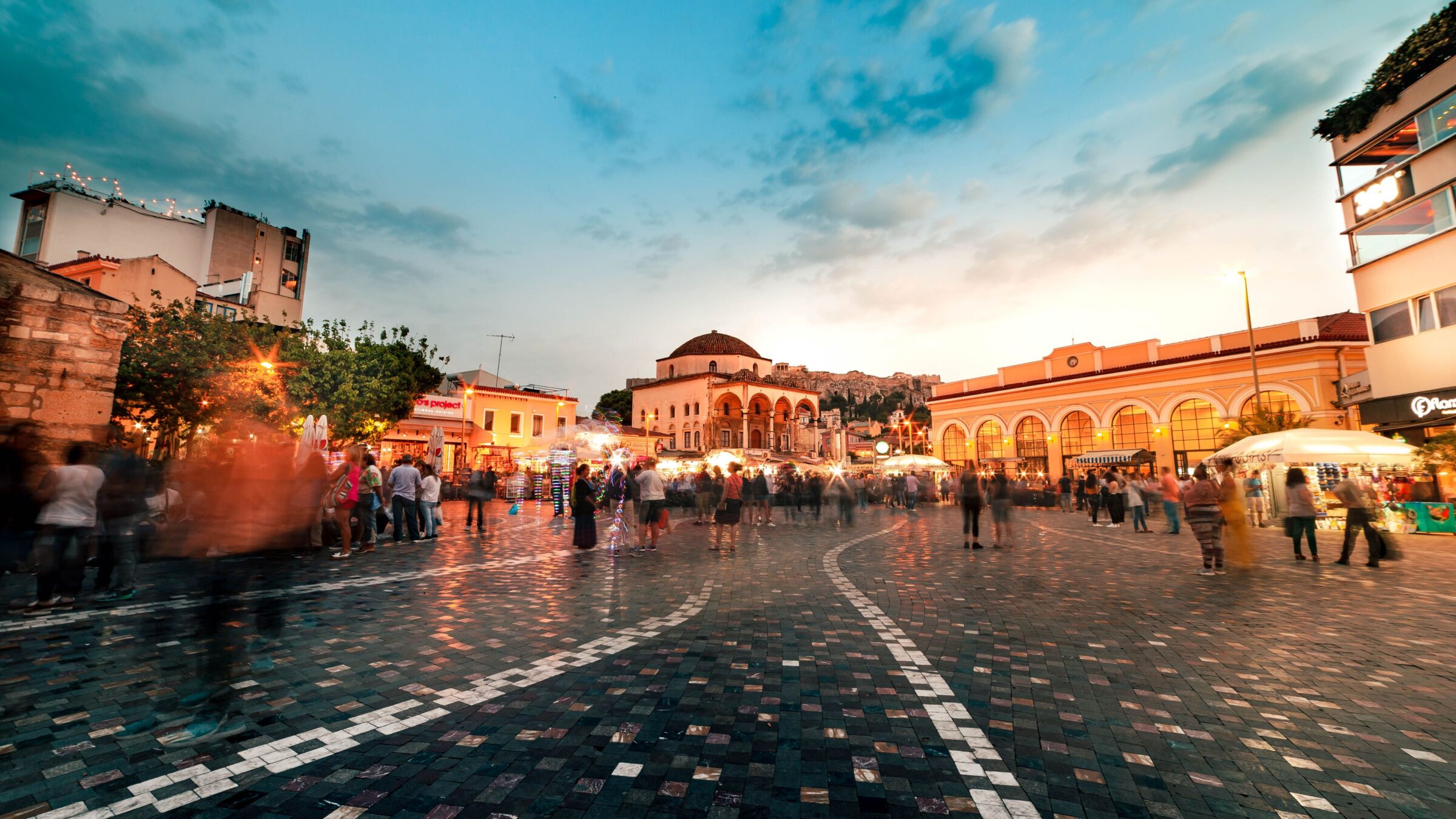 Long exposure photo of Monastiraki Square. 