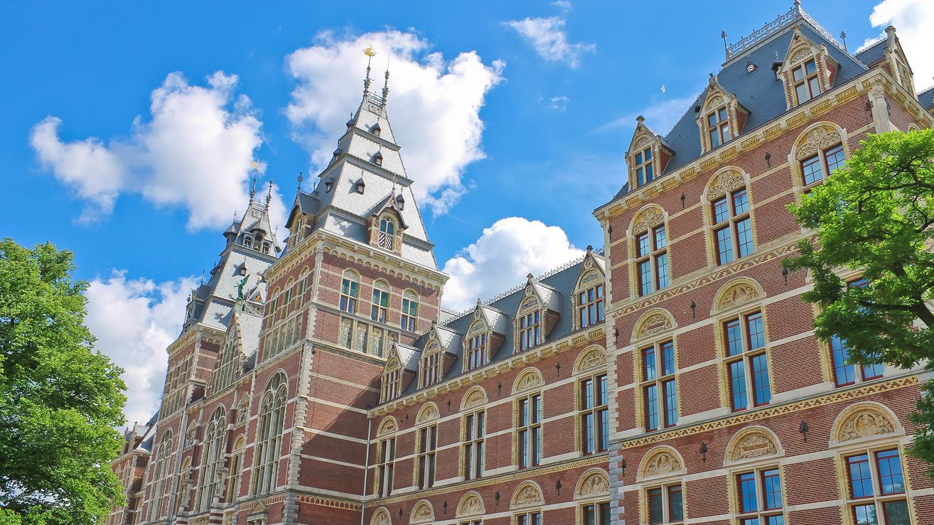 The facade of the magnificent building that houses the Rijksmuseum in Amsterdam.