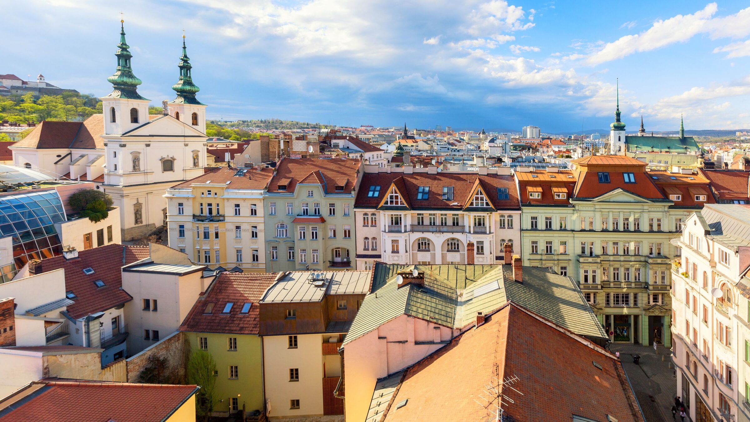 An aerial view of the Old Town of Brno on a sunny summer day.