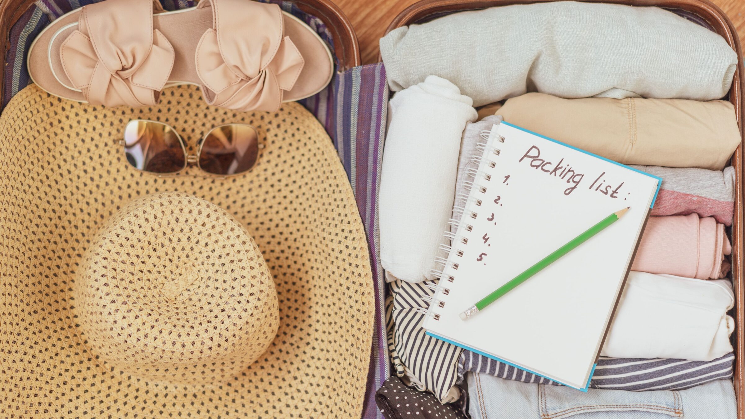 A neatly packed suitcase with a travel checklist sitting on top of it and a straw hat, sunglasses and summer shoes next to it.