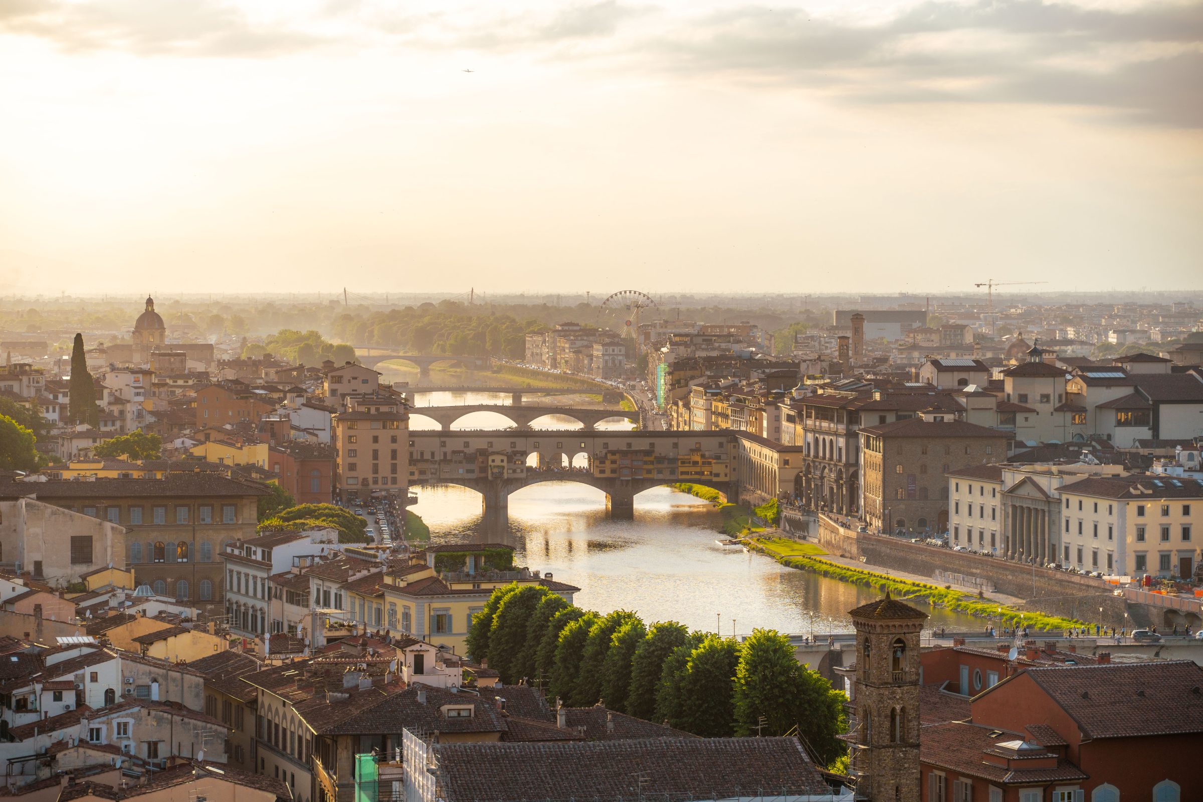 A panoramic view of Ponte Vecchio and Florence from Piazzale Michelangelo.