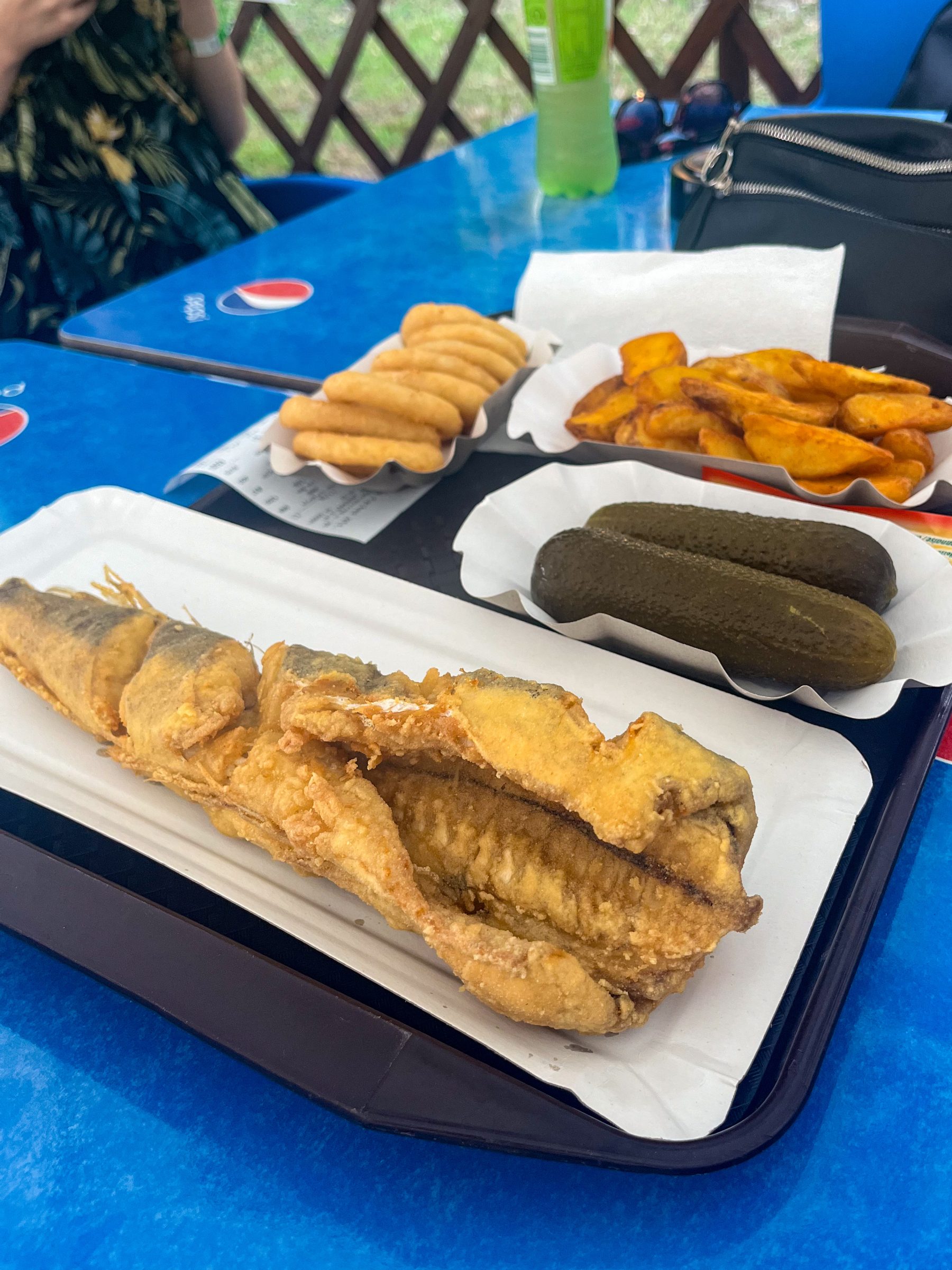 A close-up of four paper plates: one with fried fish, one with pickled cucumbers, one with fries, and one with onion rings. 