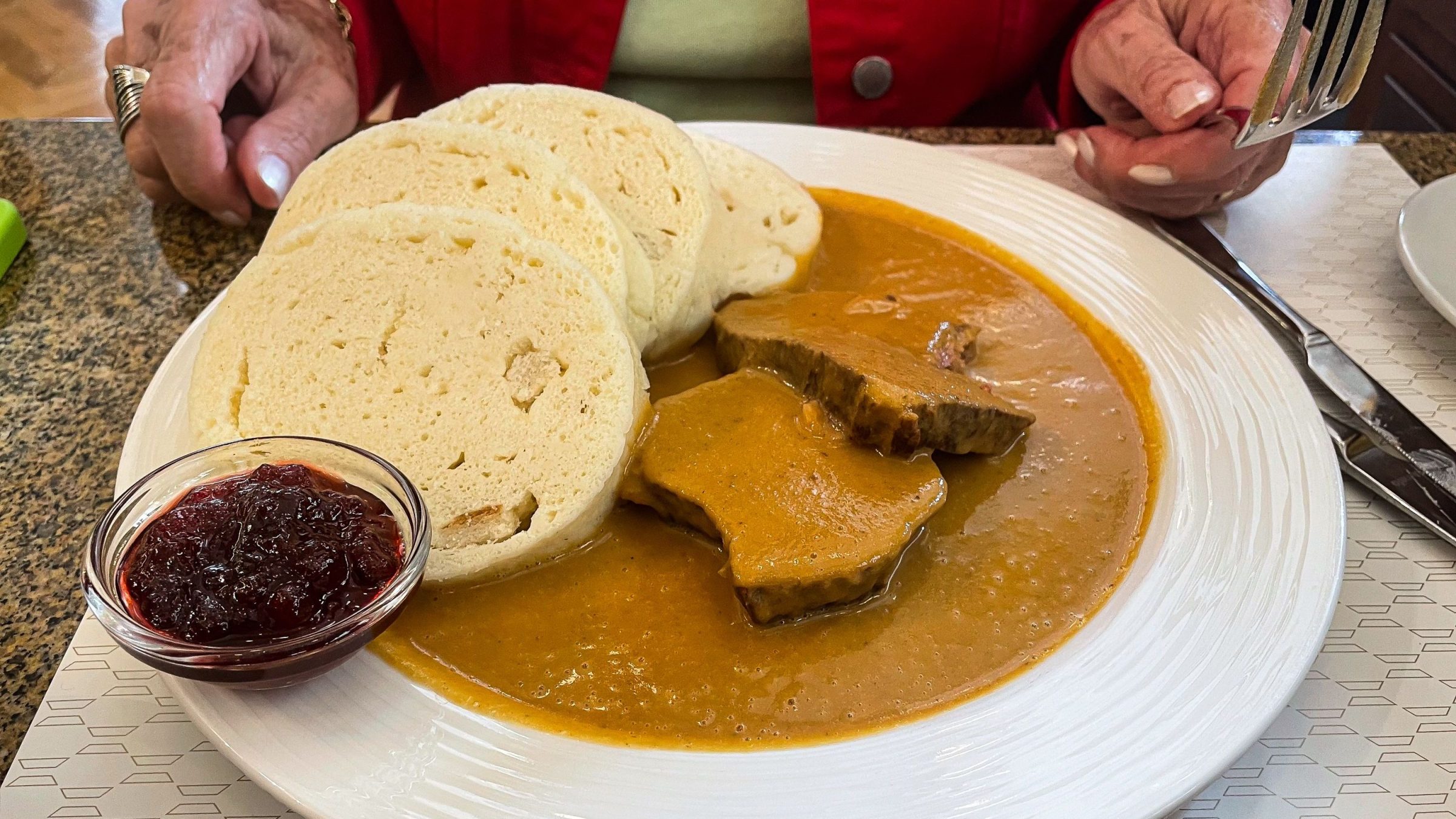 A close-up of a white plate with pieces of meat and bread dumplings in a golden-brown sauce. There's also a small bowl of cranberry sauce and a lady's hands in the background. 