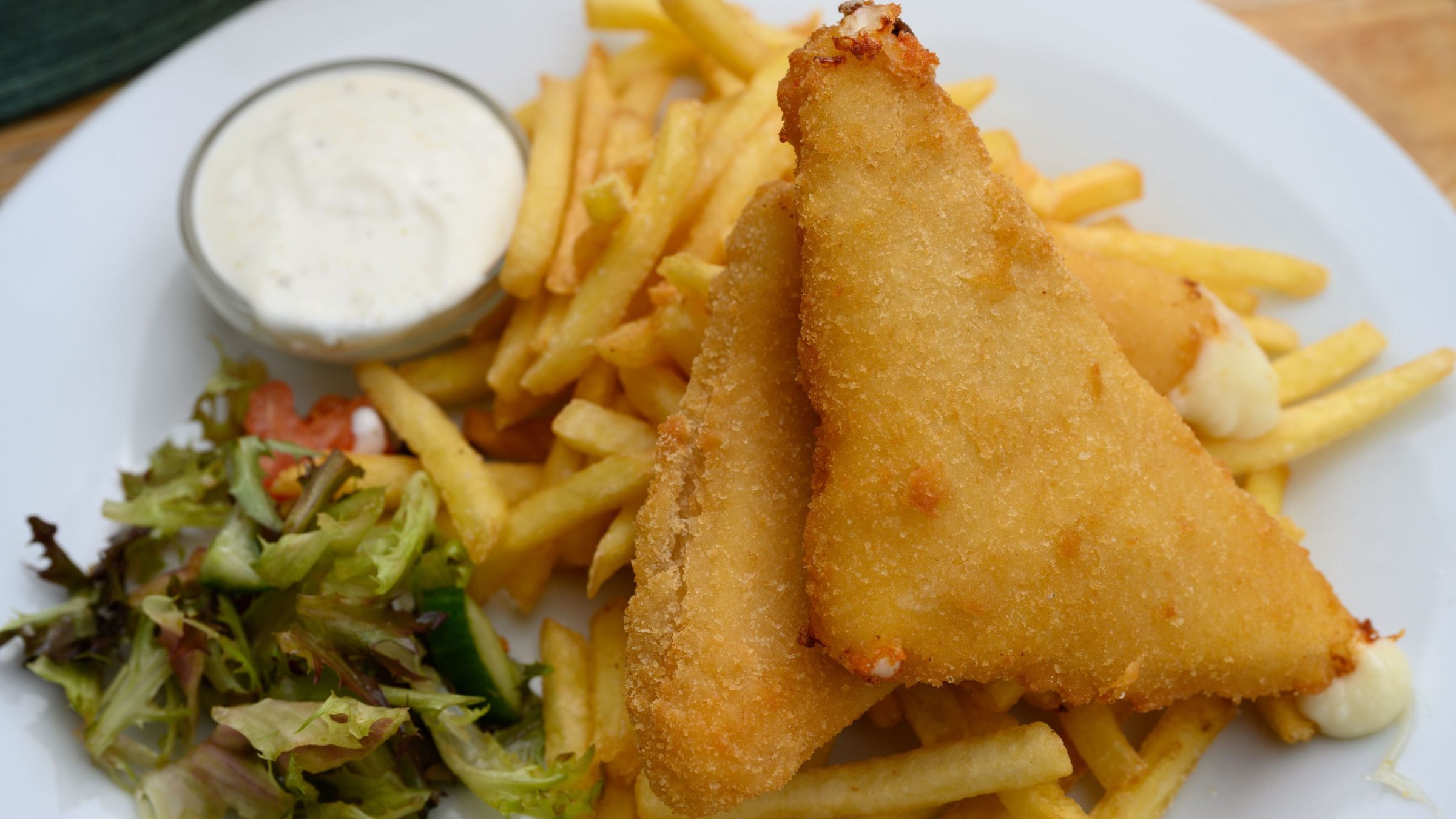 A close-up of a white plate with two pieces of fried cheese, French fries, green salad and tartar sauce. 