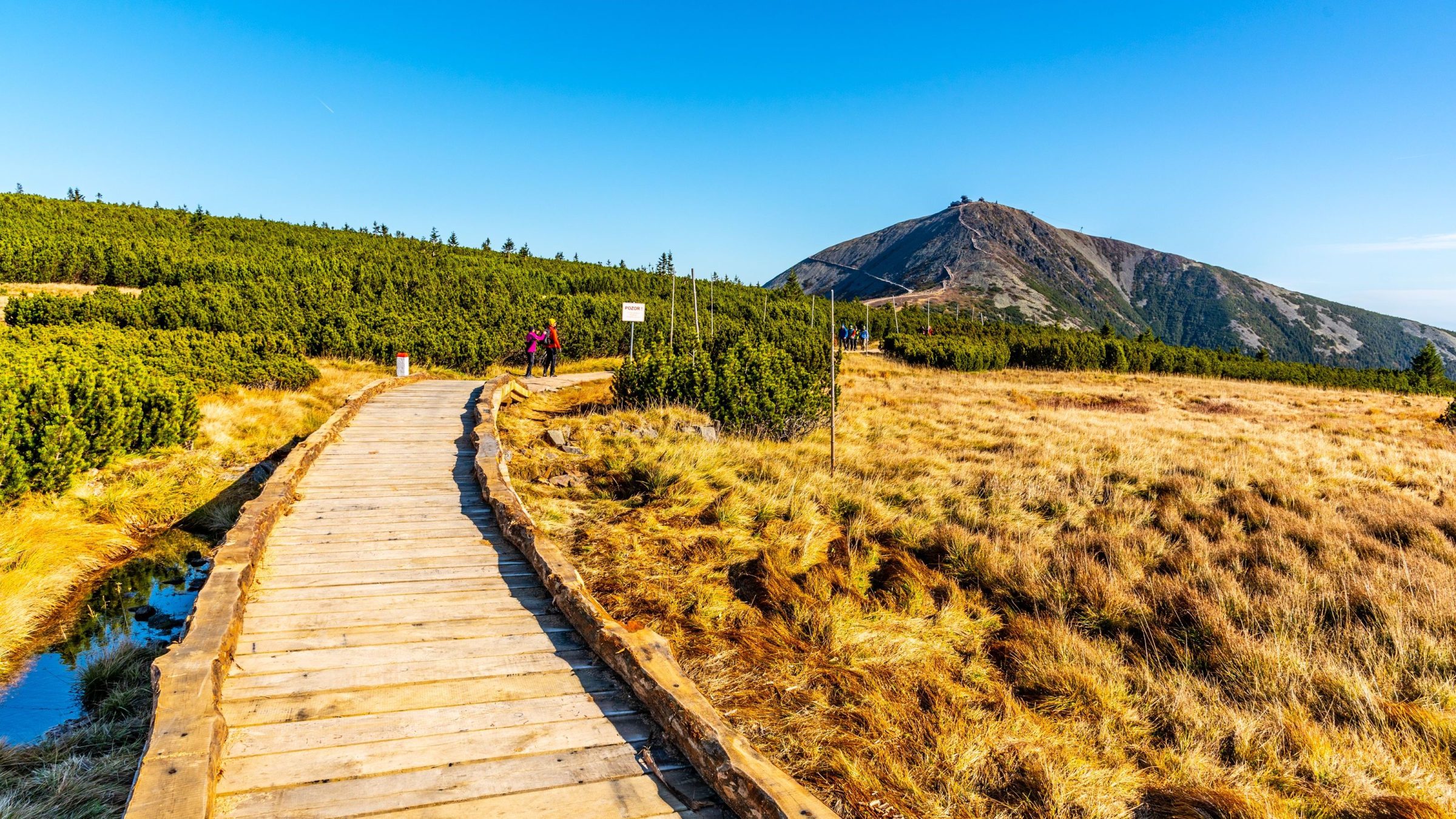 A wooden path leading to a mountain. Summer is the best time to visit the Czech Republic for hiking.