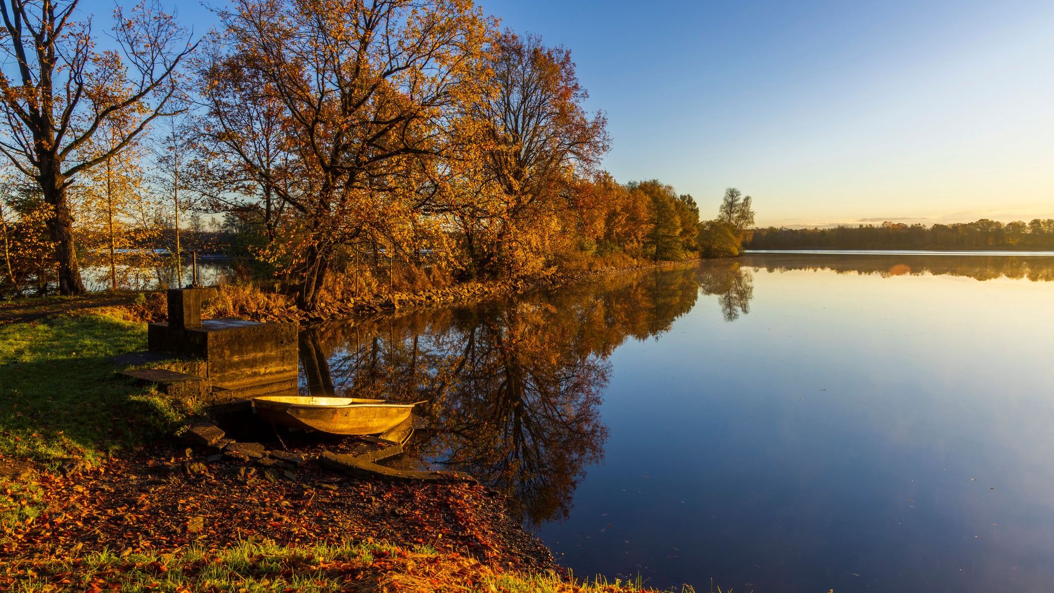 Typical fall landscape of a tranquil lake in the Trebonsko region in Southern Bohemia, Czech Republic.