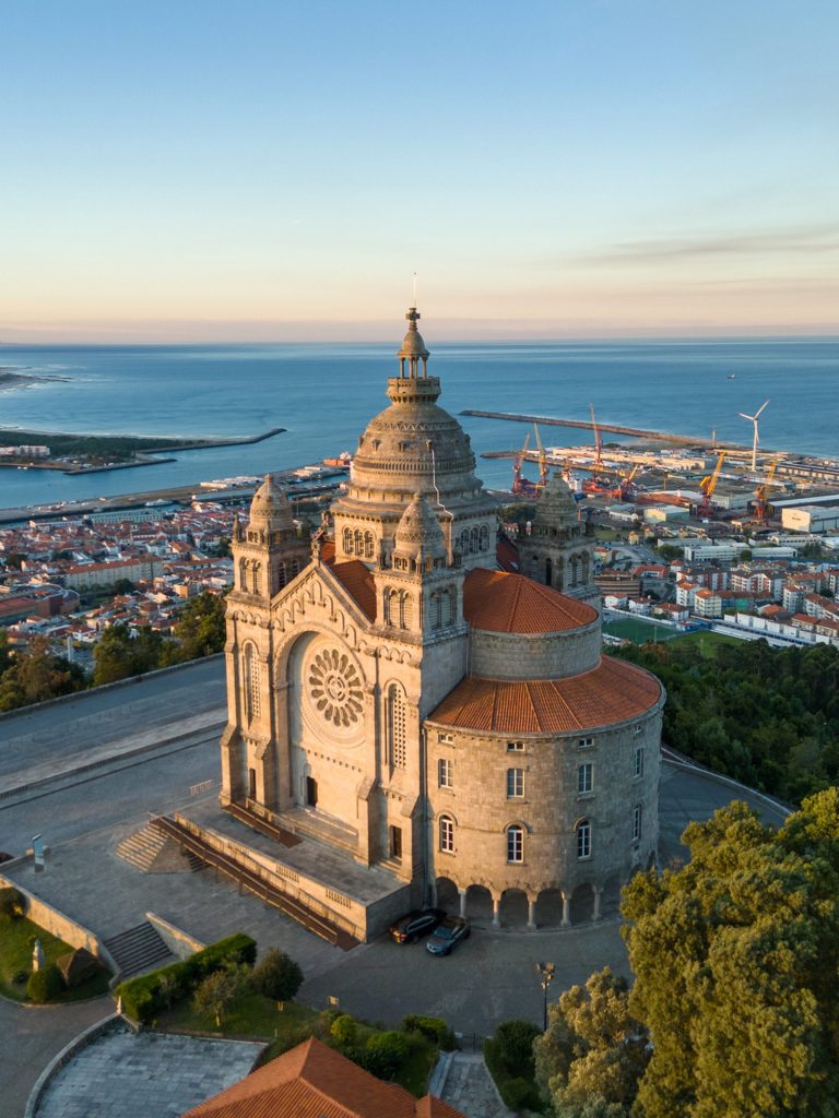 Basilica Santa Luzia at Sunrise. Viana do Castelo City, Portugal. Aerial View