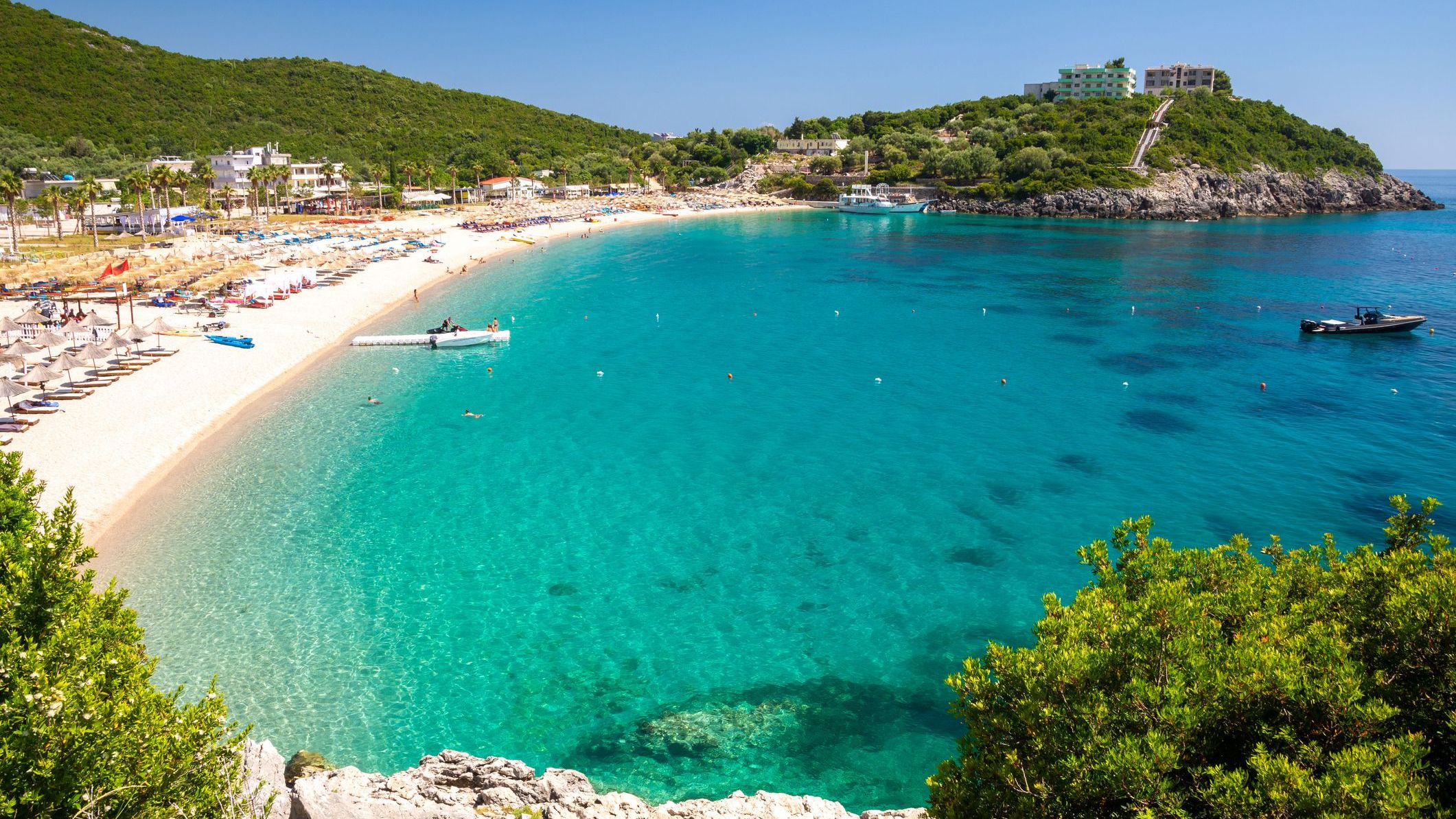 A beautiful beach with white sands and turquoise waters on the Albanian Riviera. 
