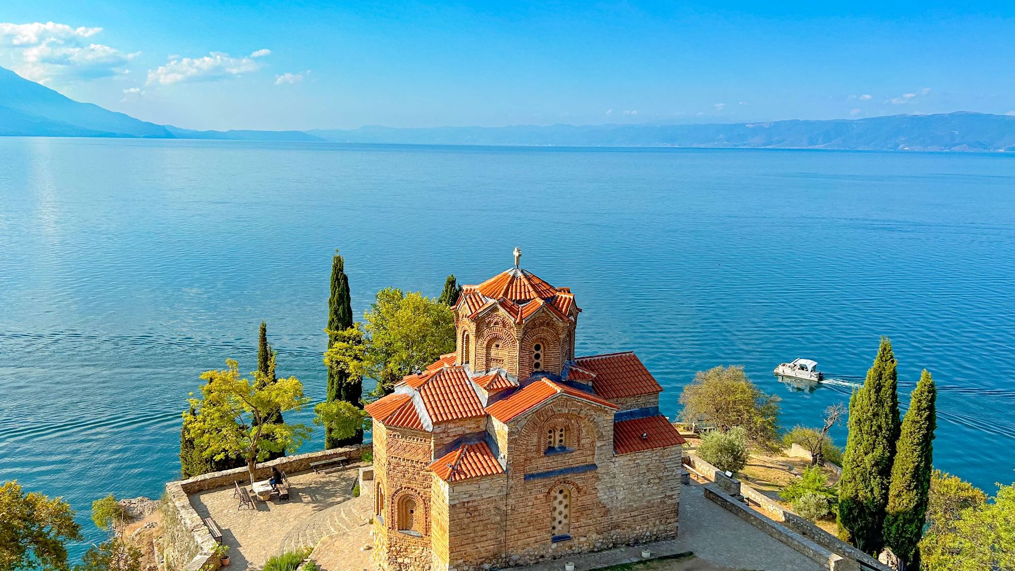 Lake Ohrid and the Church of St. John at Kaneo, North Macedonia.