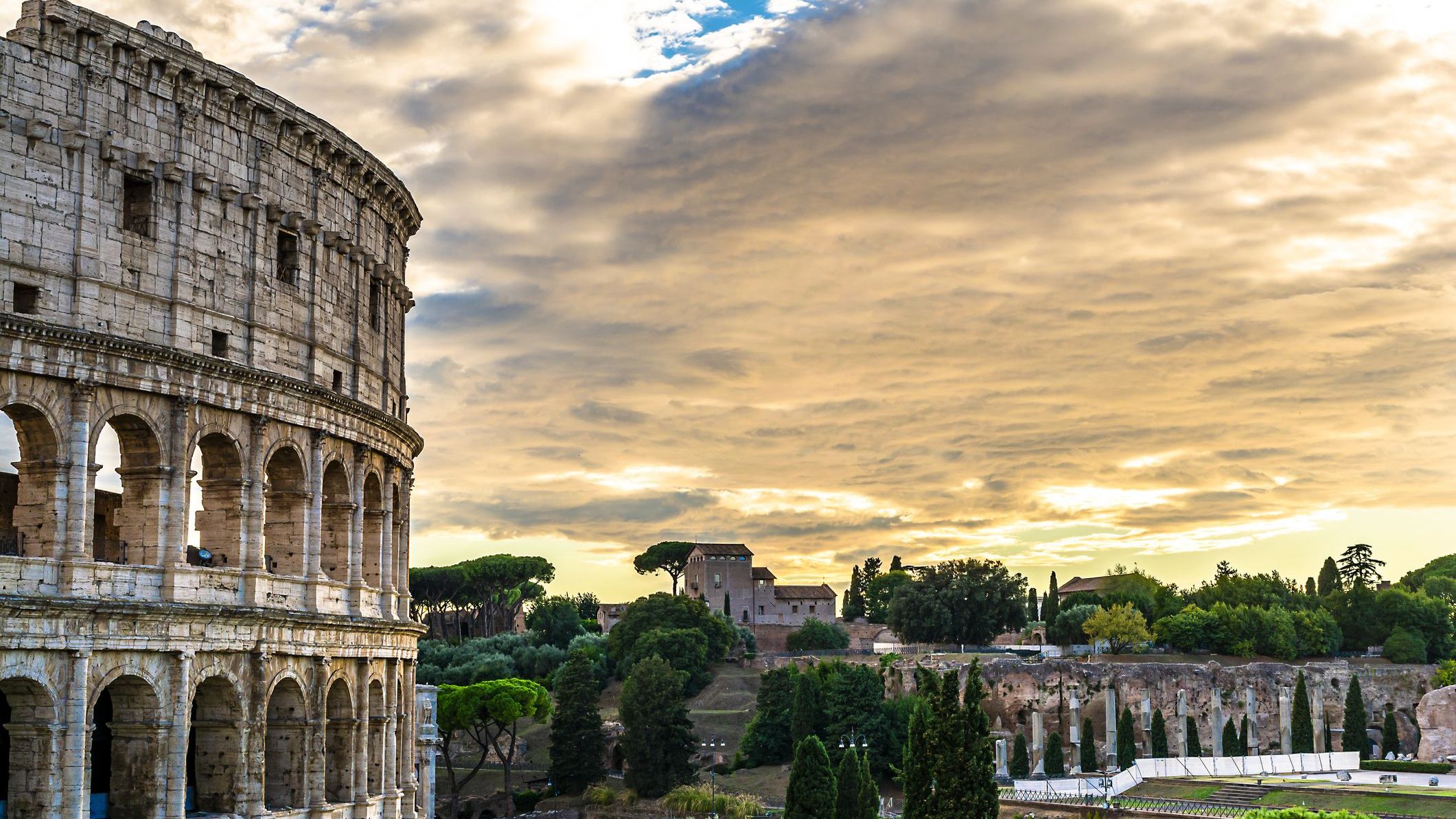Ancient ruins under a beautiful sky in Rome. 
