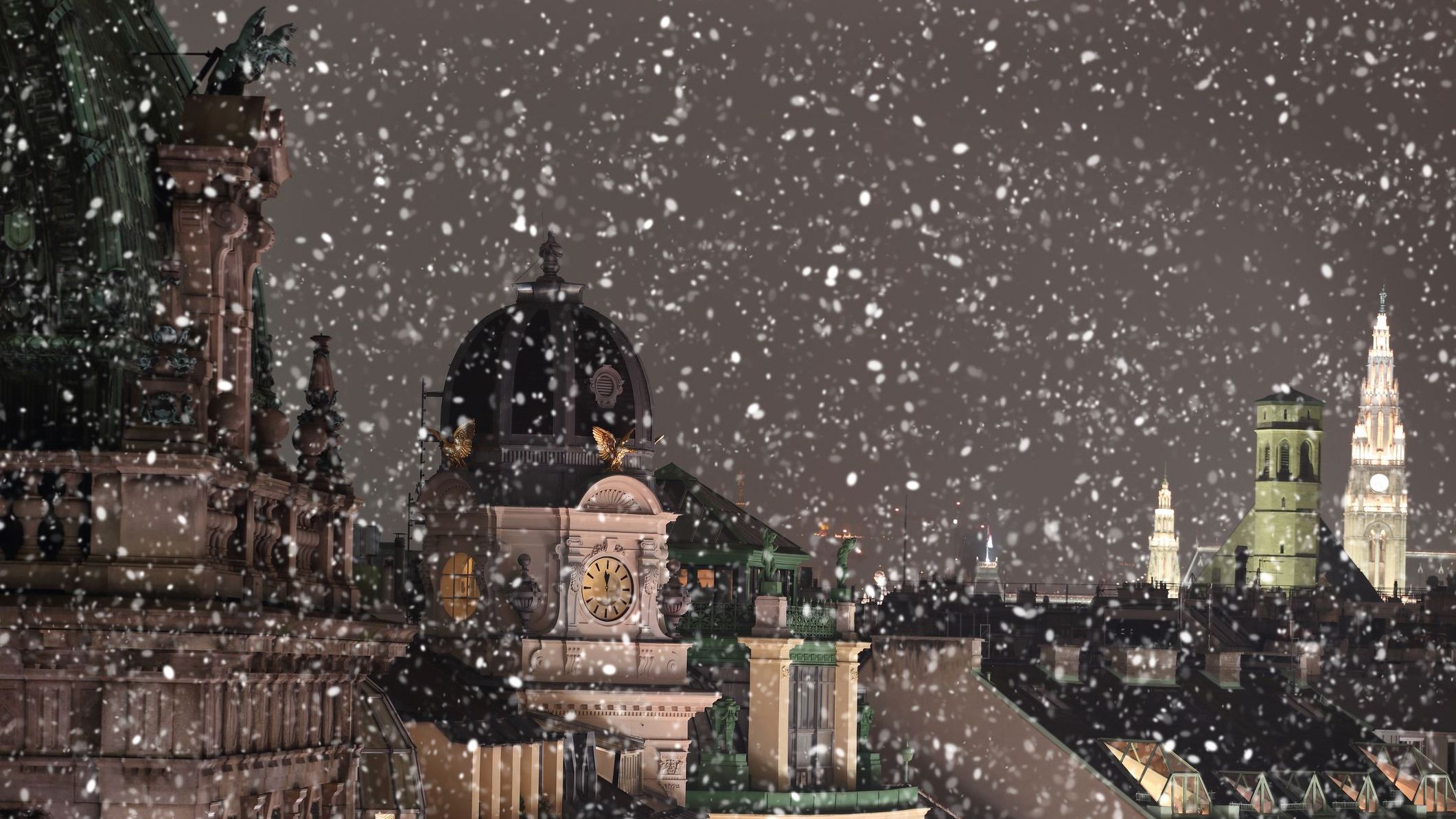 A cityscape of Vienna's rooftops while it's snowing.