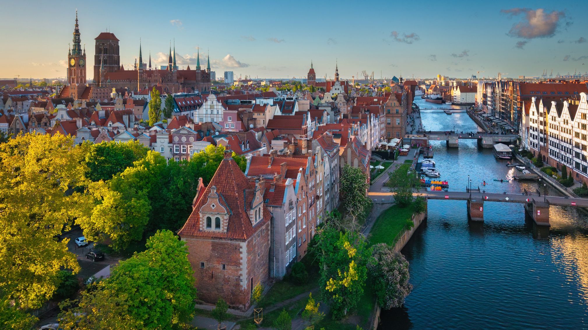 Beautiful sunset over the Old Town of Gdansk in the summer. 