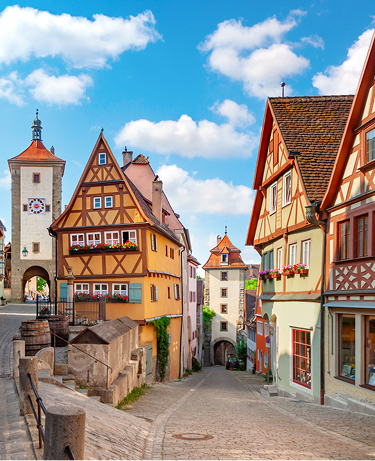 Cobbled street and architecture of historic town of Rothenburg ob der Tauber view, Romantic road of Bavaria region of Germany