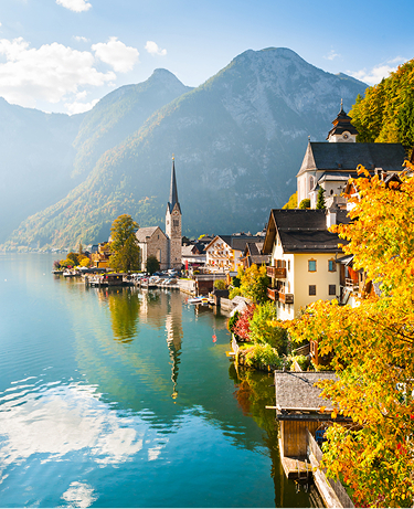 Famous Hallstatt village in Alps mountains, Austria. Beautiful autumn landscap