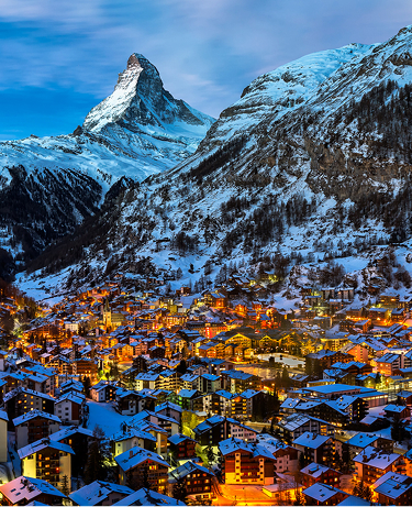 Aerial View on Zermatt Valley and Matterhorn Peak at Dawn, Switzerland