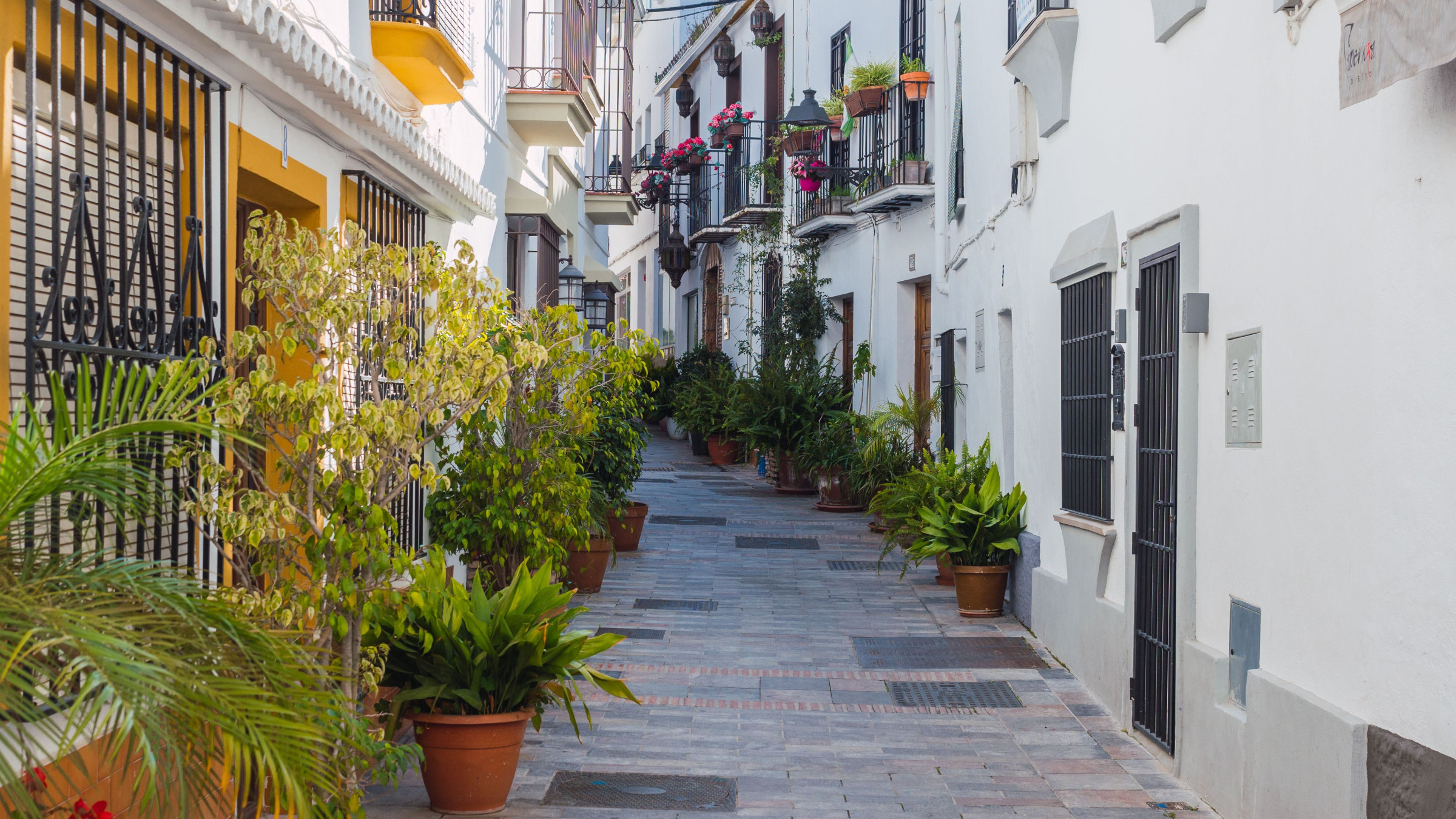 A quaint pedestrianized alley lined with whitewashed buildings and large pots with plants in the Old Town of Marbella, one of the best places to visit in Andalusia.