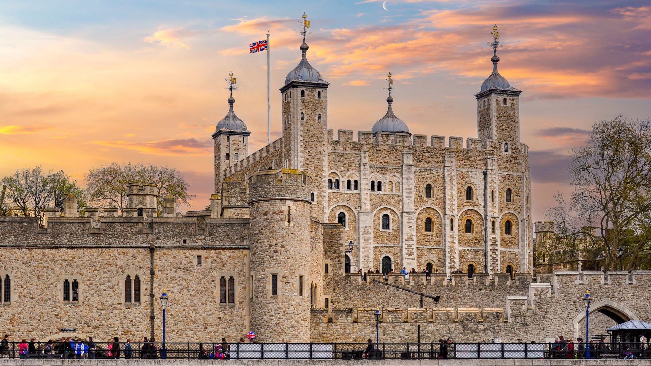 The Tower of London under a beautiful sunset sky.