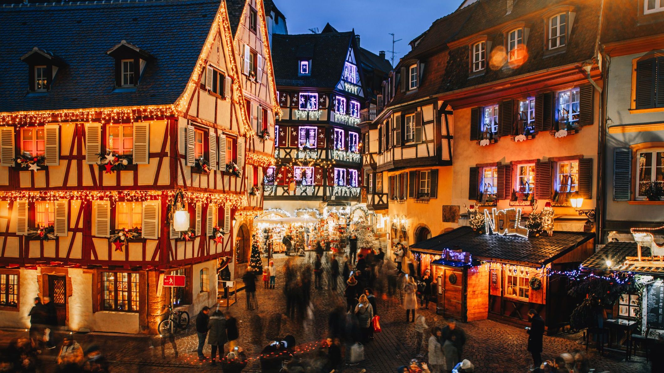 The Old Town of Alsace illuminated and decorated like a fairy tale.